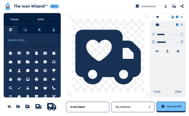 The Icon Wizard beta interface. A truck icon with a heart-shaped cutout sits on the canvas, built by combining Font Awesome's truck and heart icons. Panels show an icon picker on the left, layer and transform controls on the right, and a Save to Kit button below a custom name field reading truck-heart.