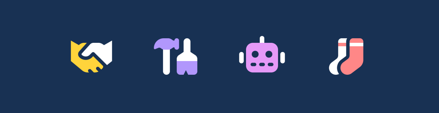 Row of four flat icons on a dark navy background: a yellow-and-white handshake, a purple hammer and paintbrush, a pink robot face, and a pair of white and pink/red socks.