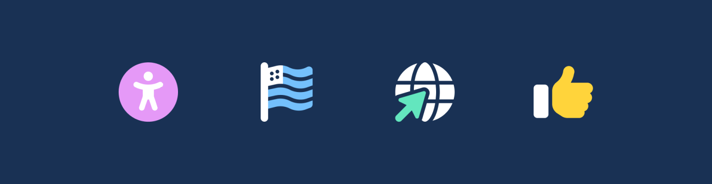4 duotone icons: accessibility, USA flag, globe  pointer, thumbs up