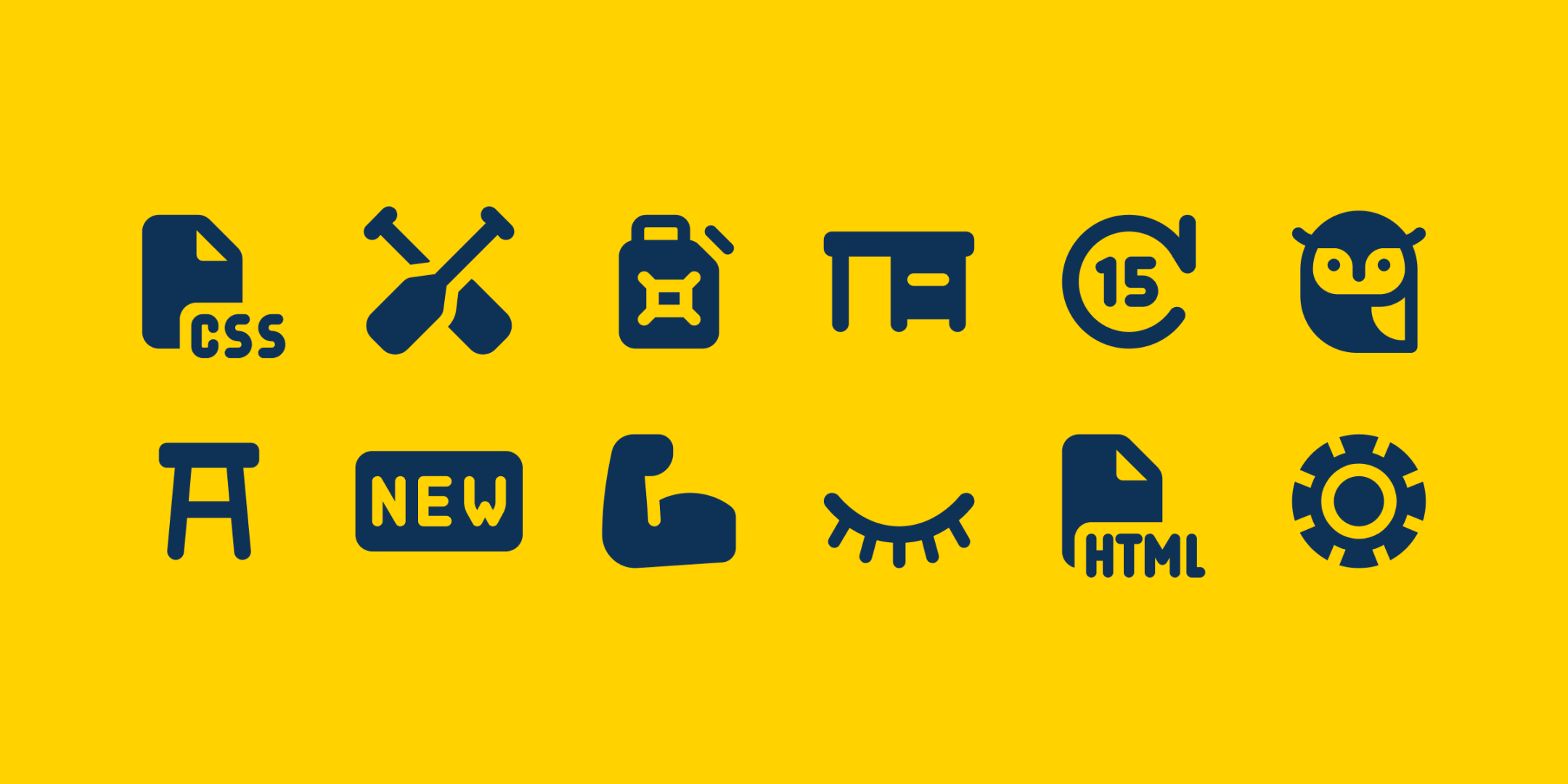 New icons: CSS file, oars, utility can, desk, skip 15 seconds, owl, stool, new badge, bicep, closed eye, HTML file, poker chip