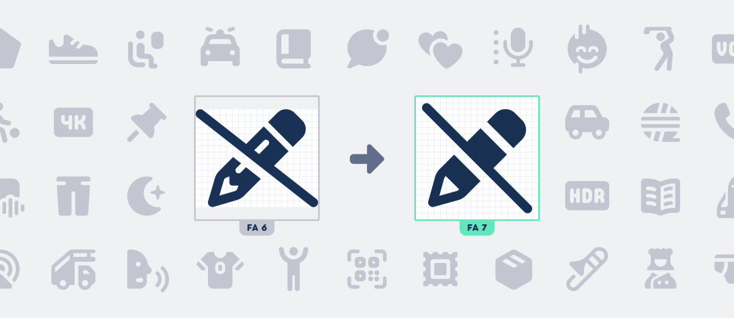 Illustration showing the differences between the v6 and v7 versions of the pencil-slash icon