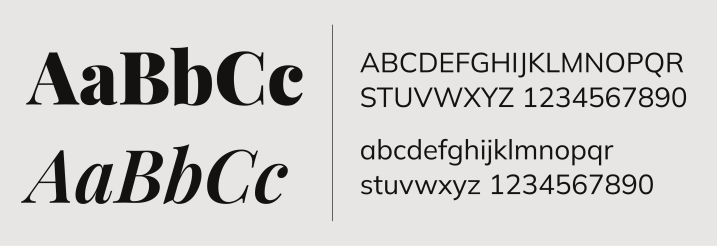 Typography specimen comparing two typefaces. On the left, a bold serif 'AaBbCc' above an italic serif 'AaBbCc'. On the right, separated by a vertical divider, a sans-serif typeface showing the full uppercase alphabet with numbers on one line and the full lowercase alphabet with numbers below it.