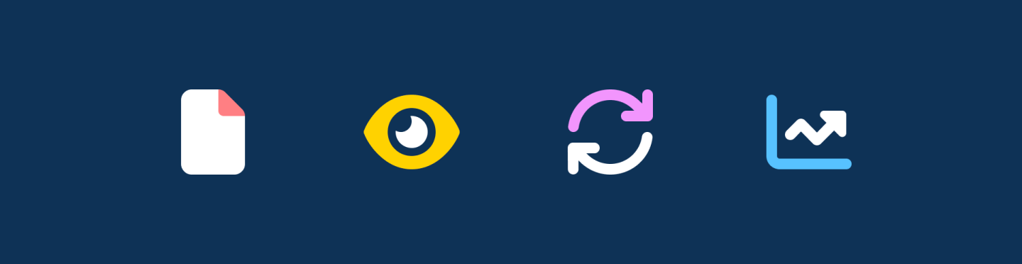 4 Font Awesome icons on a navy background: file, eye, rotating arrows, upward arrow line chart