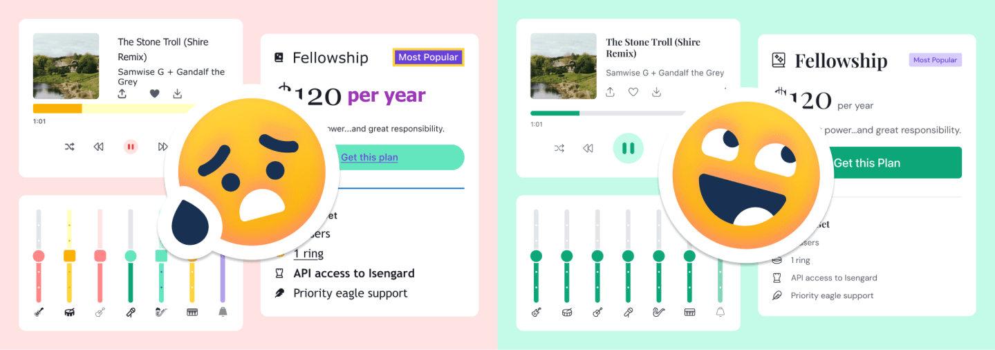 Before-and-after comparison of a subscription plan UI: low-contrast pink version next to a vivid mint-green version with the same layout.