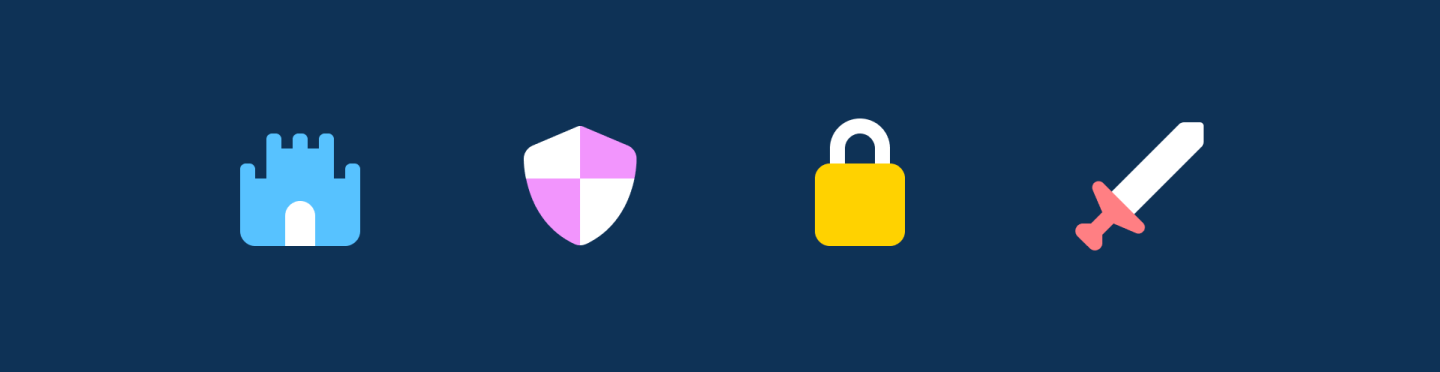 4 Font Awesome icons on a navy background: castle, shield, padlock, sword