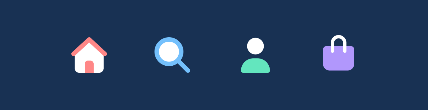 Row of four flat icons on a dark navy background: a white house with a red roof, a blue magnifying glass, a person outline in white and green, and a purple shopping bag.