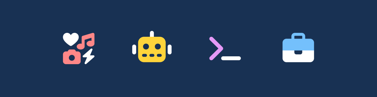 4 Font Awesome icons on a navy background: icon cluster, robot head, command line, briefcase