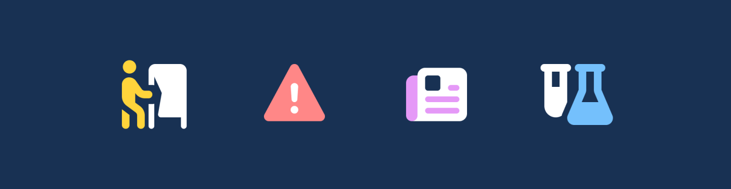 4 icons on a navy background: voting booth, warning triangle, newspaper, test tubes