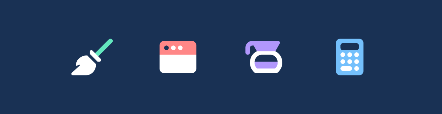 4 duotone icons: broom, browser window, coffee pot, and calculator on a navy blue background. 