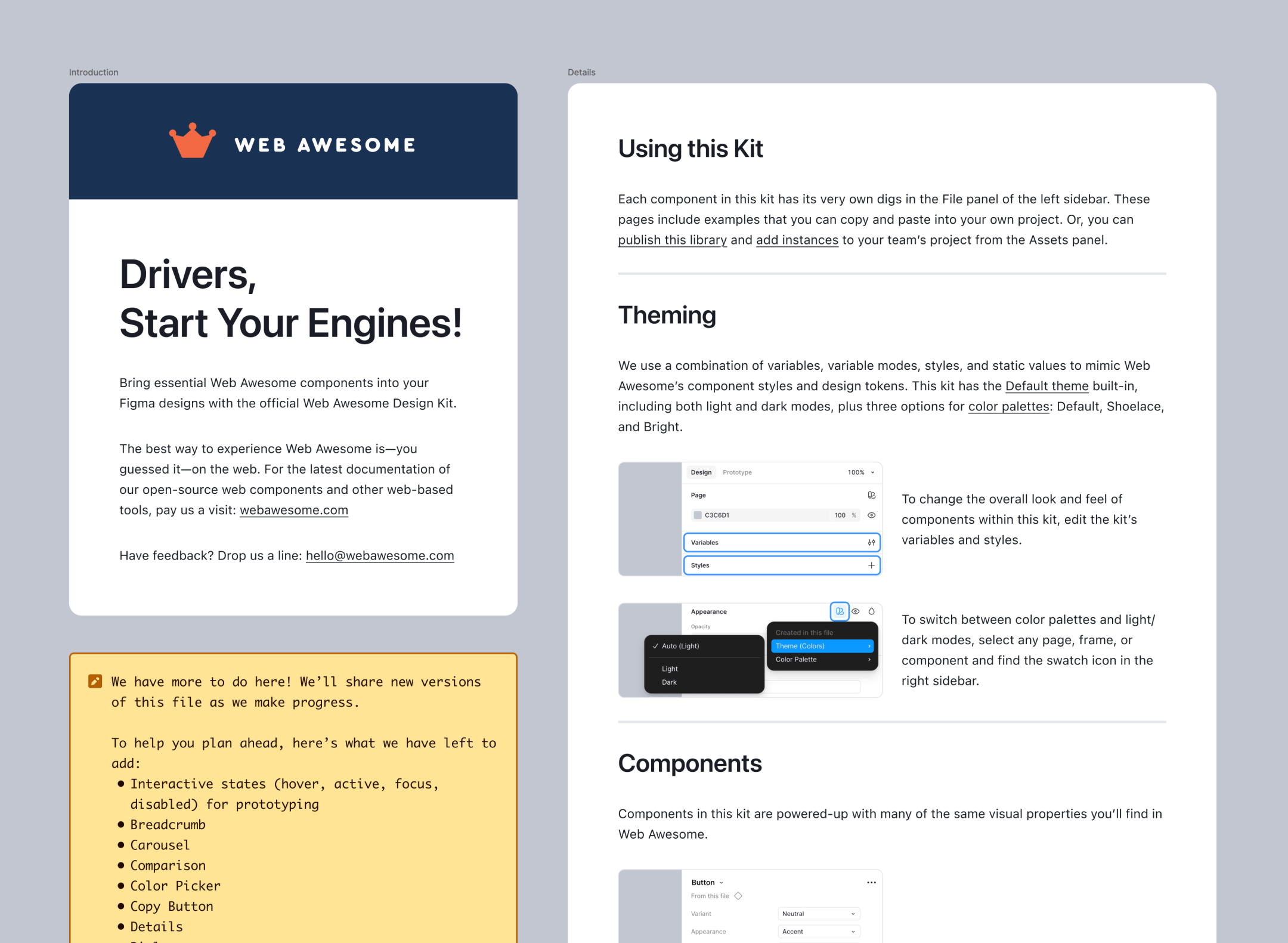 Screenshot of the intro page from the WA Figma kit file