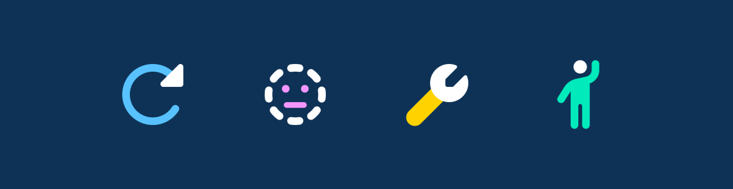 4 Font Awesome icons on a navy background: redo arrow, face with dotted outline, wrench, person raising a hand
