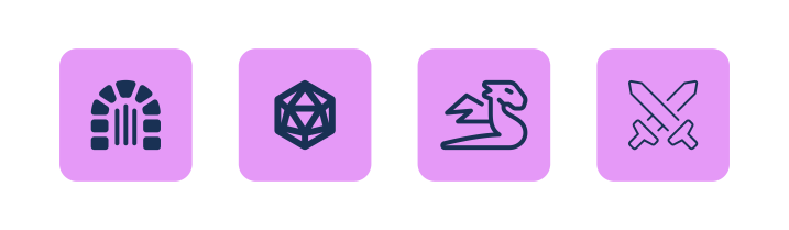 A set of four purple blocks in a row featuring individual DnD-themed icons in dark navy including a dungeon, a twenty-sided die, a dragon, and swords crossing. 