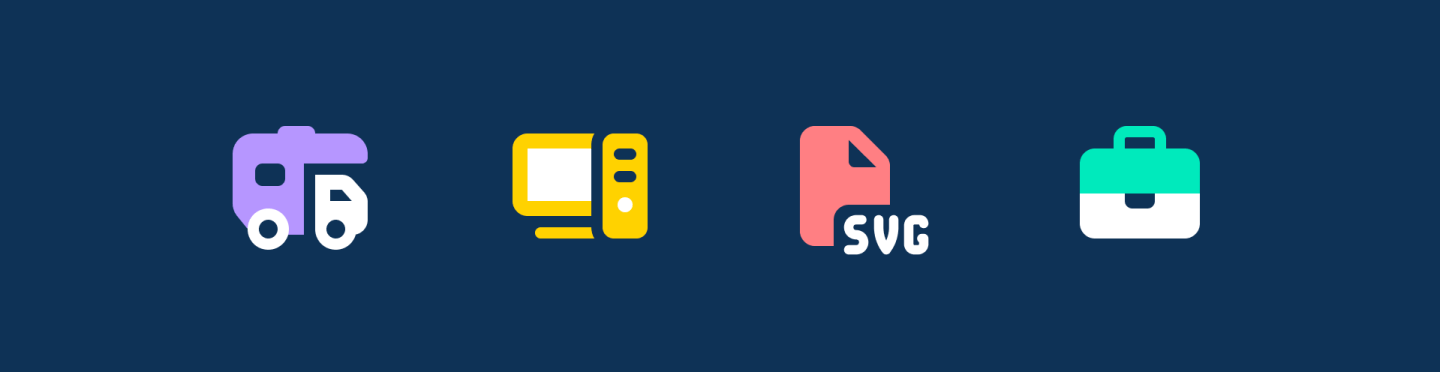 4 Font Awesome icons on a navy background: RV, desktop computer, SVG file, briefcase