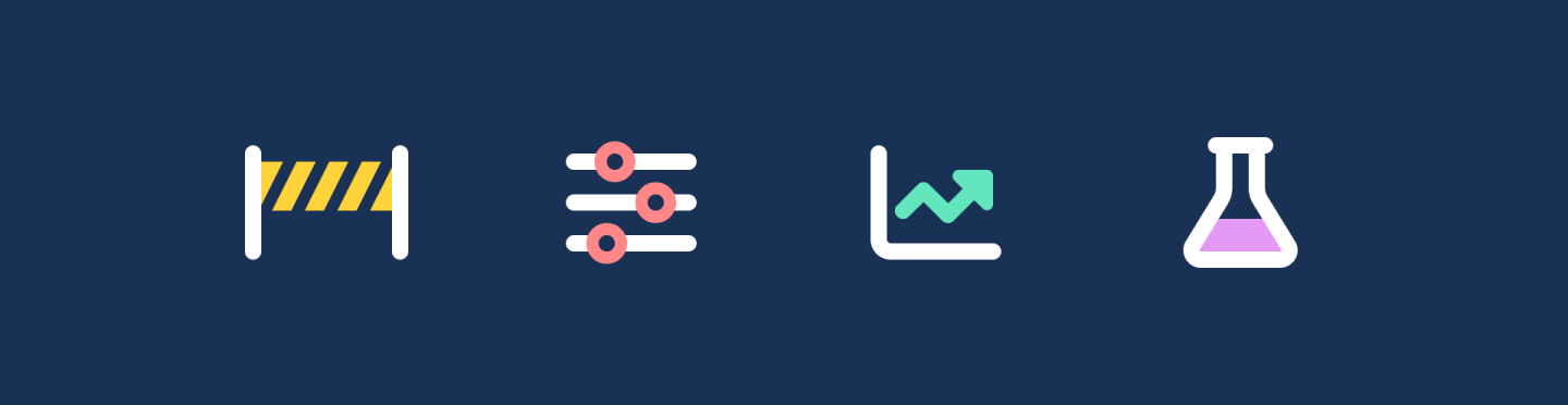 4 duotone icons: roadblock, sliders, chart trending up, potion flask on a navy blue background. 