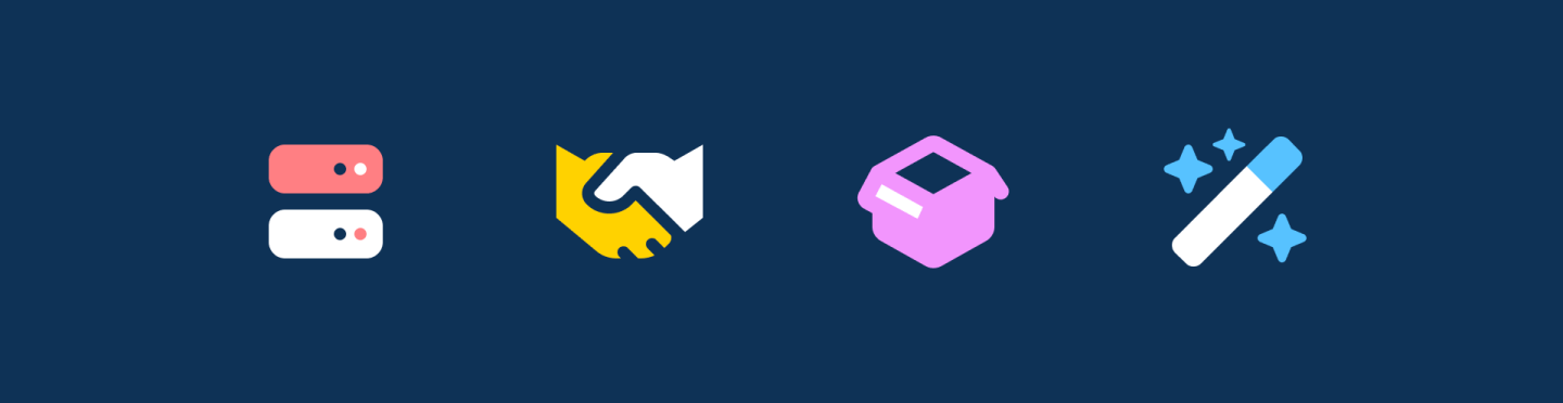 4 Font Awesome icons on a navy background: servers, handshake, open box, magic wand