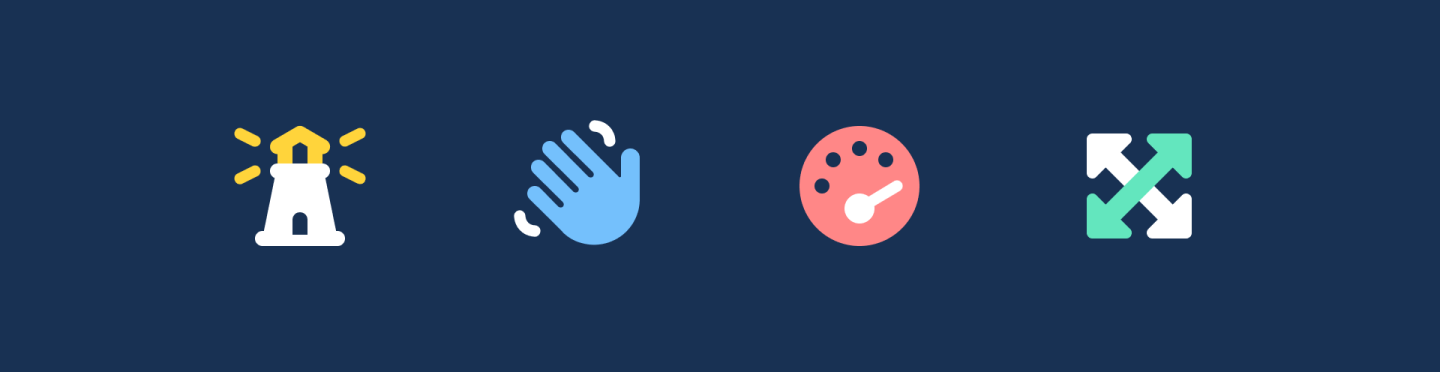 Four flat icons on navy background: lighthouse, waving hand, speedometer, and expand arrows. 