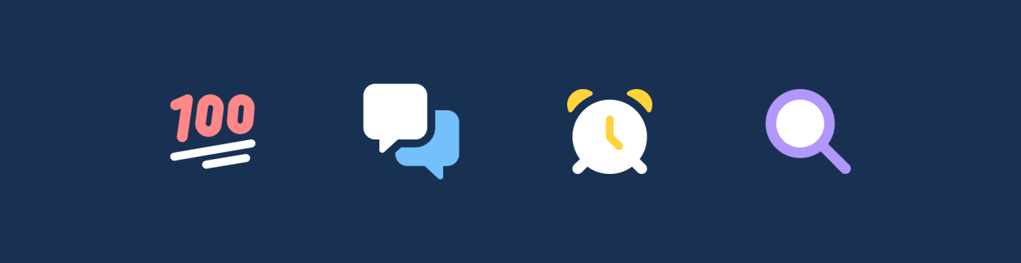 4 Font Awesome icons on a navy background: 100, message bubbles, alarm clock, magnifying glass