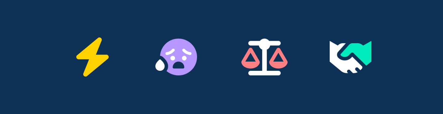4 Font Awesome icons on a navy background: lightning bolt, nervous sweating face, balanced scale, handshake