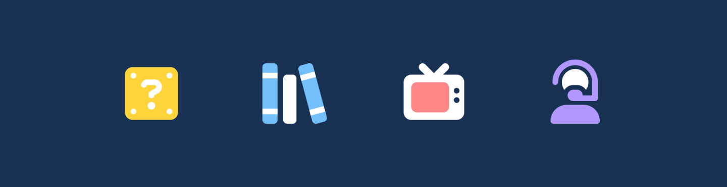 4 icons on a navy background: question block, books, old tv, support person