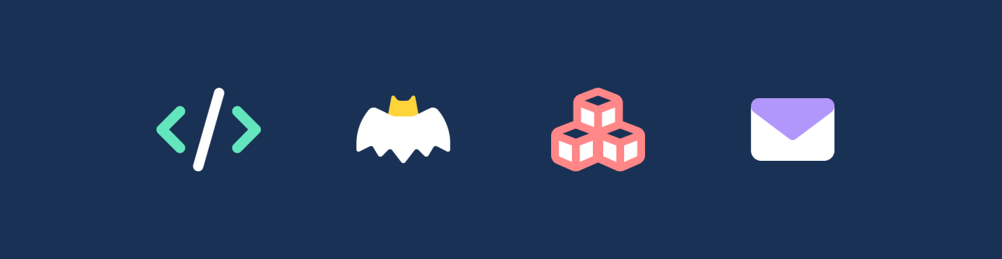4 duotone icons: code brackets, bat, cube stack, and envelope on a navy blue background. 