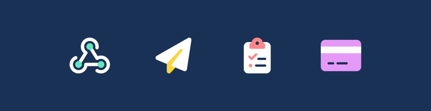 4 duotone icons: web hook, paper place, clipboard with checklist, credit card