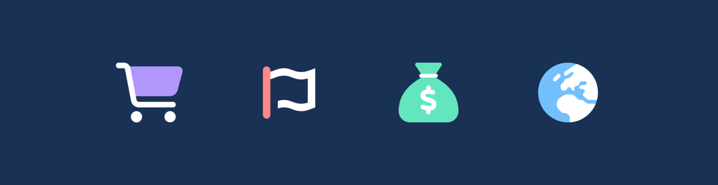 4 duotone icons: shopping cart, Font Awesome flag, bag of money, earth showing Europe and Africa