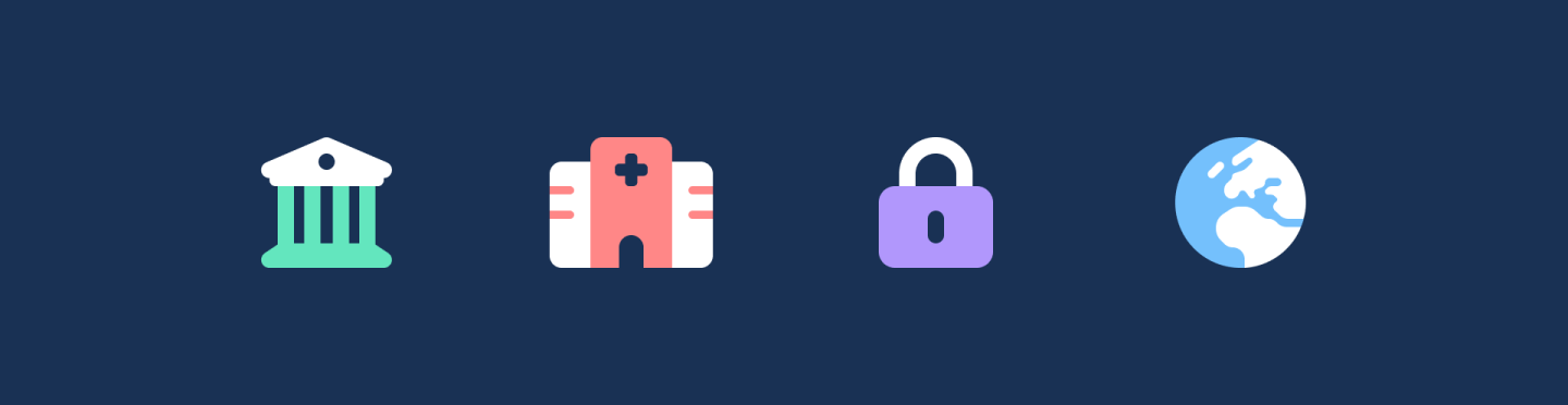 4 duotone icons: bank, hospital, lock, earth on a navy blue background. 
