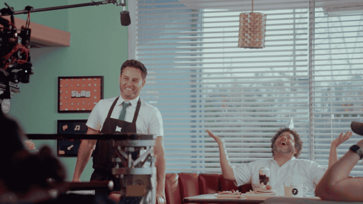 Photo of Rob and Albert, 2 of our actors, prepping for the pancake deluge scene