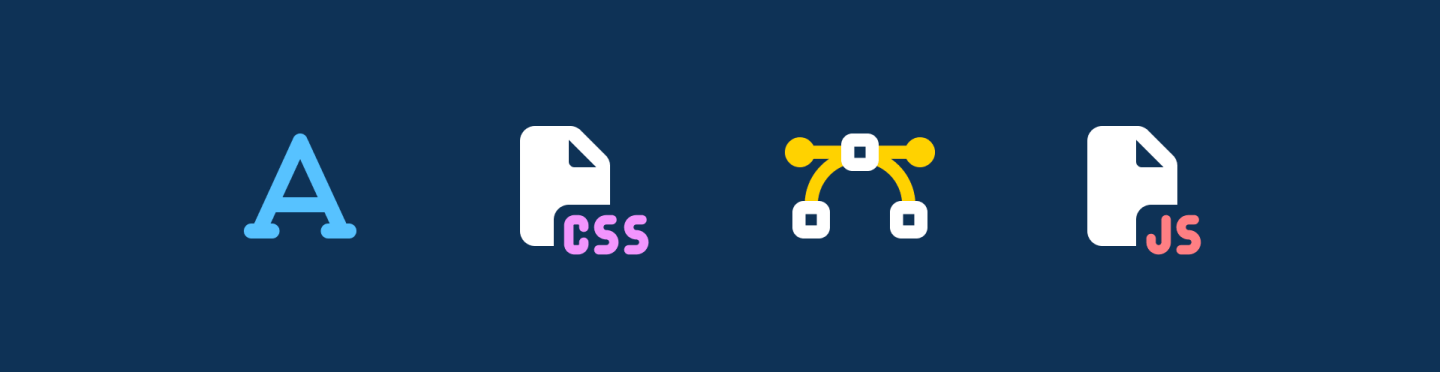 4 Font Awesome icons on a navy background: font, css file, Bézier curve, js file
