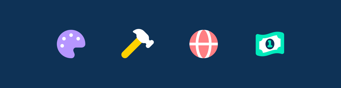 4 Font Awesome icons on a navy background: palette, hammer, glove, dollar bill