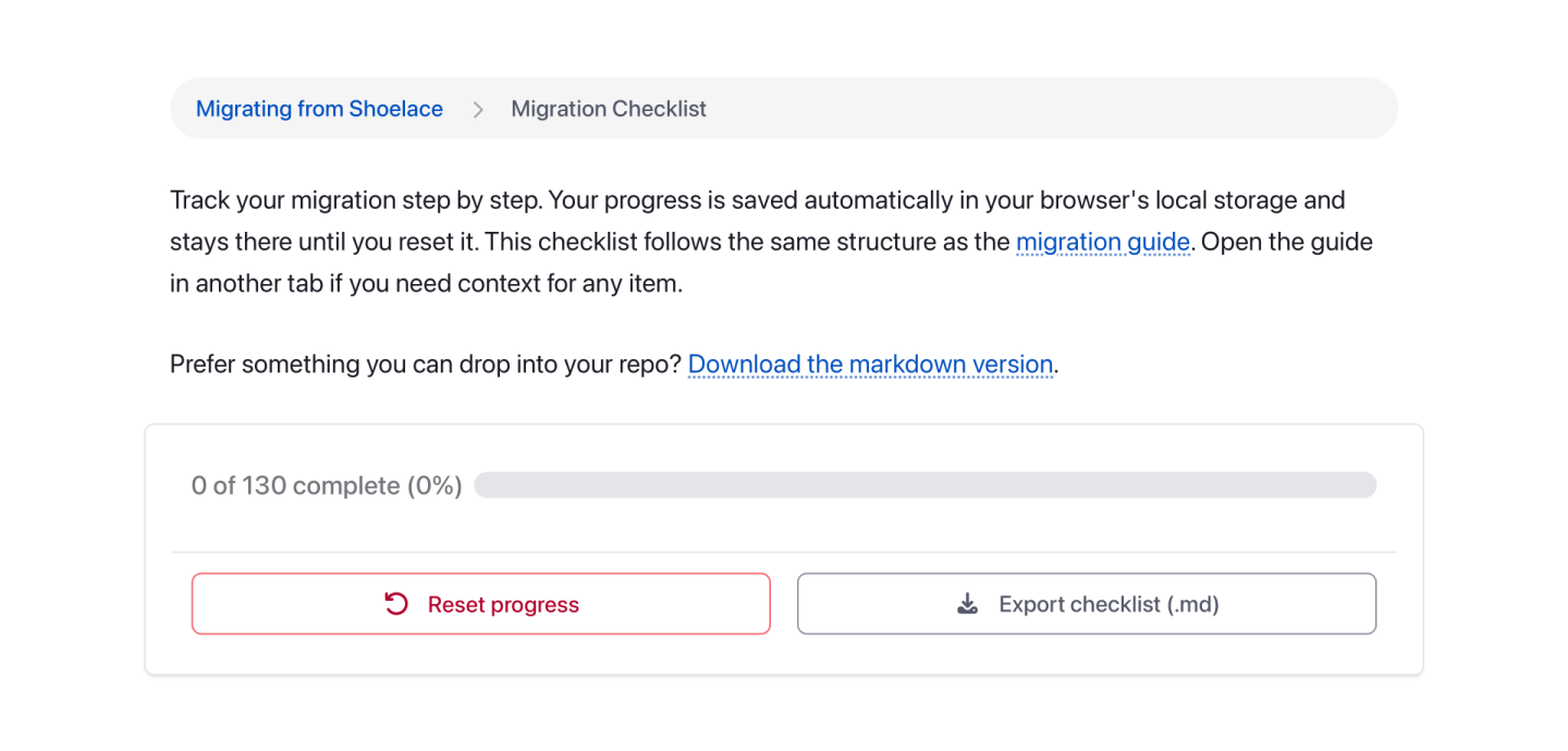 Screenshot of the intro paragraph of the interactive Shoelace migration checklist