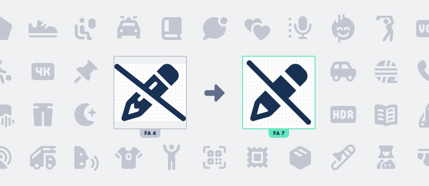 Illustration showing the differences between the v6 and v7 versions of the pencil-slash icon