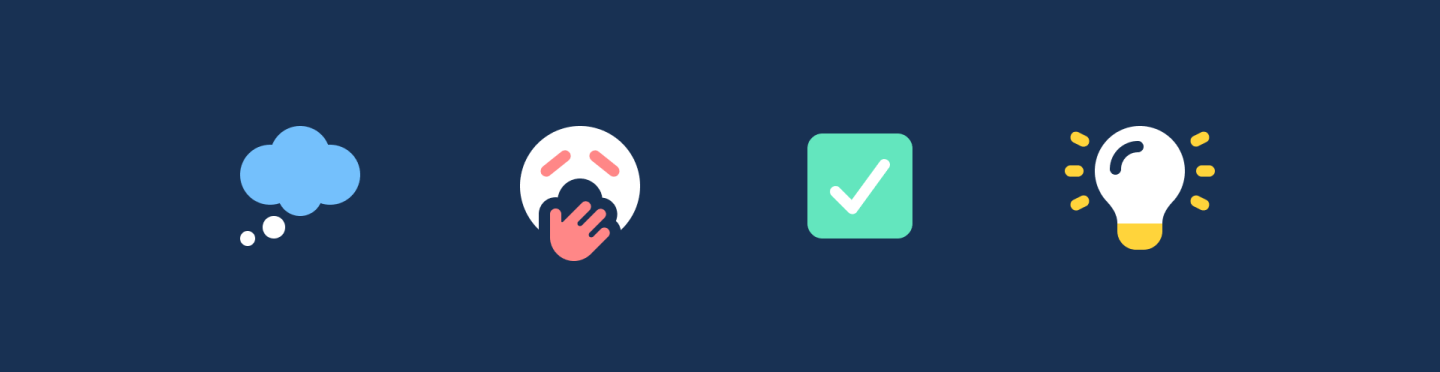 4 Font Awesome icons on a navy background: thought bubble, yawning face, checkmark, lightbulb