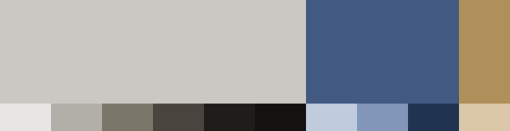 Color palette swatches in two rows: a top row of three large blocks in light gray, slate blue, and tan/gold; a bottom row of ten smaller swatches in off-white, light gray, warm taupe gray, dark charcoal brown, near-black, black, pale blue-gray, muted medium blue, dark navy, and light beige.