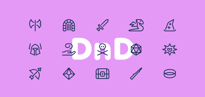 Various DnD-themed icons in navy blue on a purple backdrop. Icons include a battle axe, dungeon, dragon, sword, skull and crossbones, evil-eye, twenty sided die, magic wand, etc. 