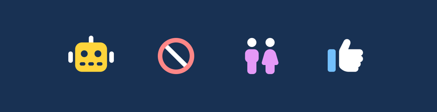 4 Font Awesome icons on a navy background: robot head, ban slash, people, thumbs up
