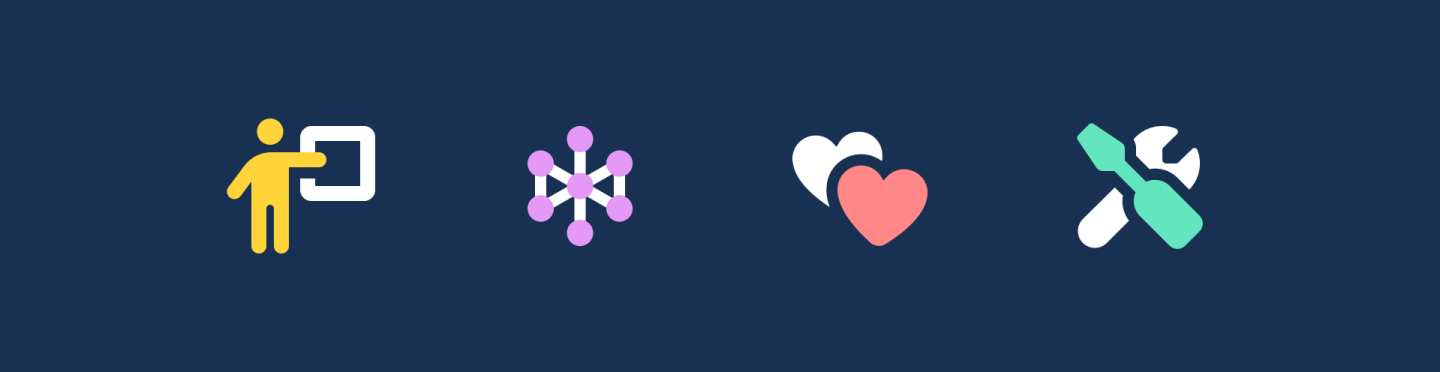 4 Font Awesome icons on a navy background: person pointing at chalkboard, hexagonal node, hearts, screwdriver and wrench