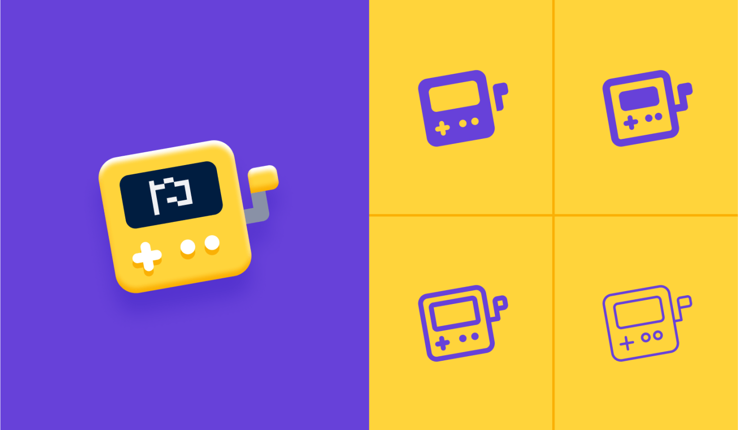 5 different weights of yellow  purple Playdate icons, drawn in the Font Awesome styles.