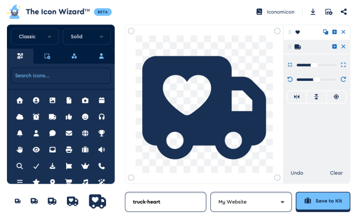 The Icon Wizard beta interface. A truck icon with a heart-shaped cutout sits on the canvas, built by combining Font Awesome's truck and heart icons. Panels show an icon picker on the left, layer and transform controls on the right, and a Save to Kit button below a custom name field reading truck-heart.