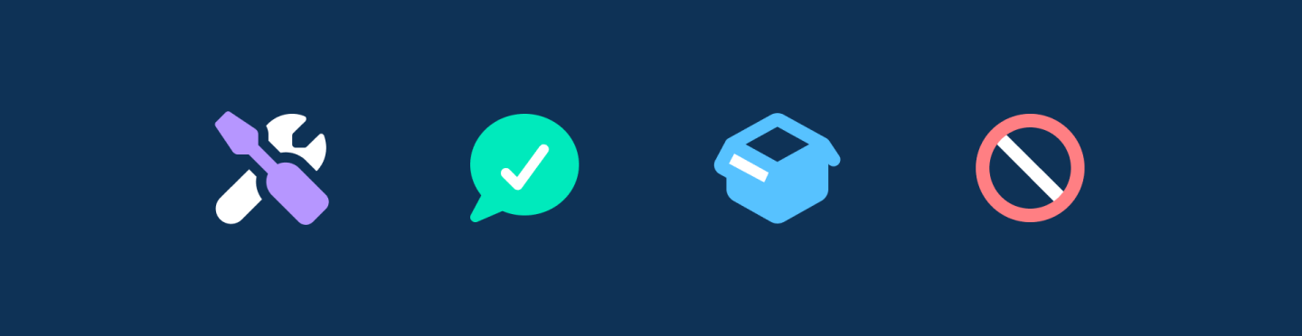 4 Font Awesome icons on a navy background: tools, checkmark in a speech bubble, open box, ban slash