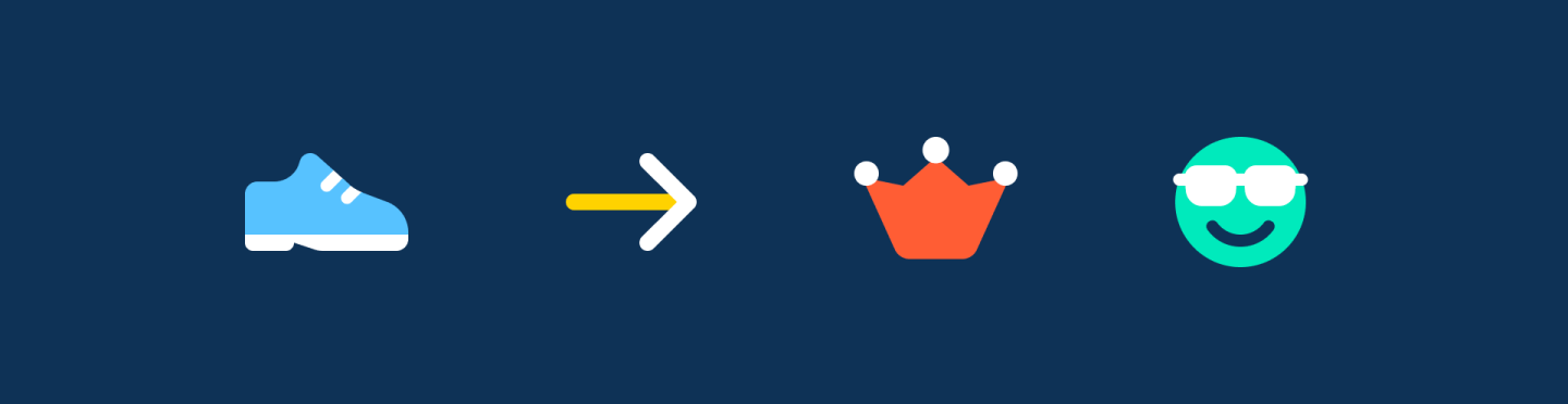 4 Font Awesome icons on a navy background: shoe, right arrow, Web Awesome crown, smiley face with sunglasses