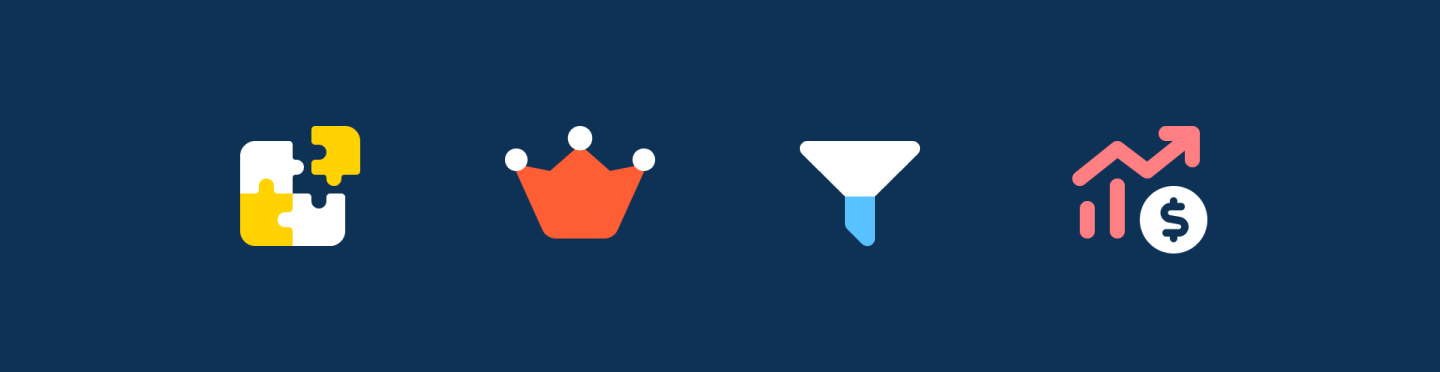 4 Font Awesome icons on a navy background: puzzle, Web Awesome crown, funnel, upward chart with dollar sign