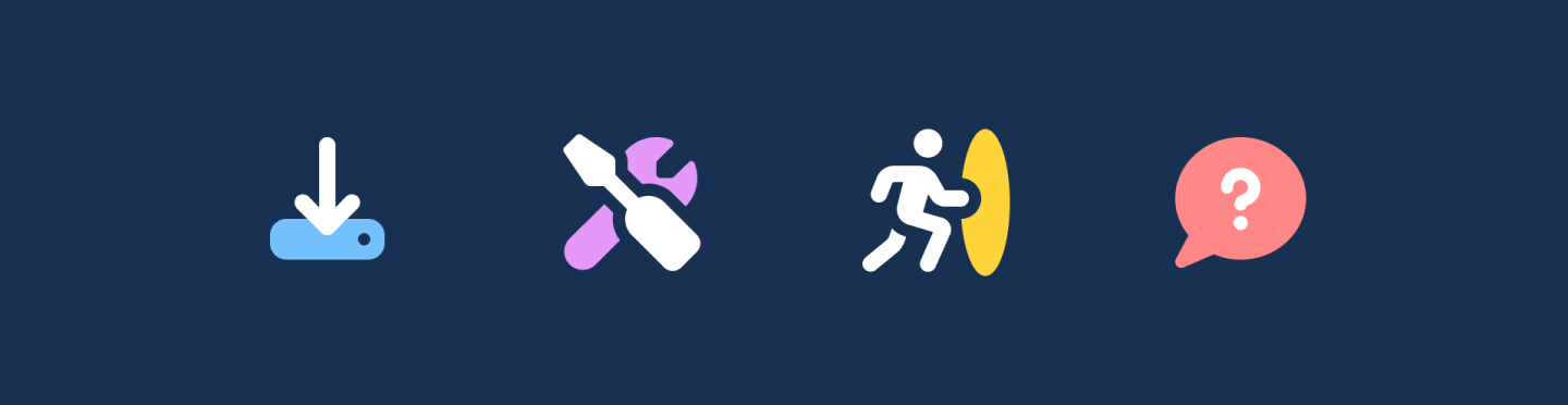 4 Font Awesome icons on a navy background: download, screwdriver  wrench, running to portal, question comment