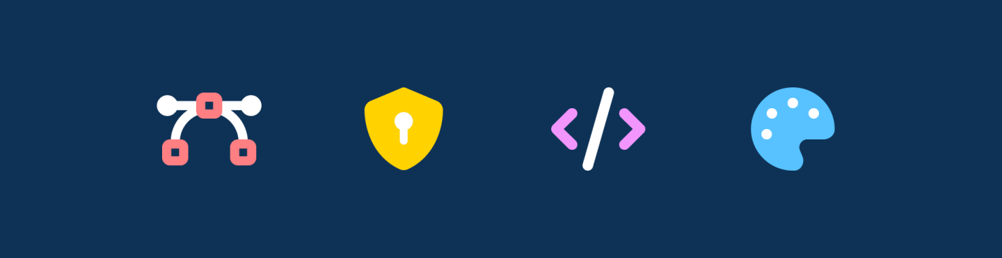 4 Font Awesome icons on a navy background: Bézier curve, shield with keyhole, code brackets, paint palette