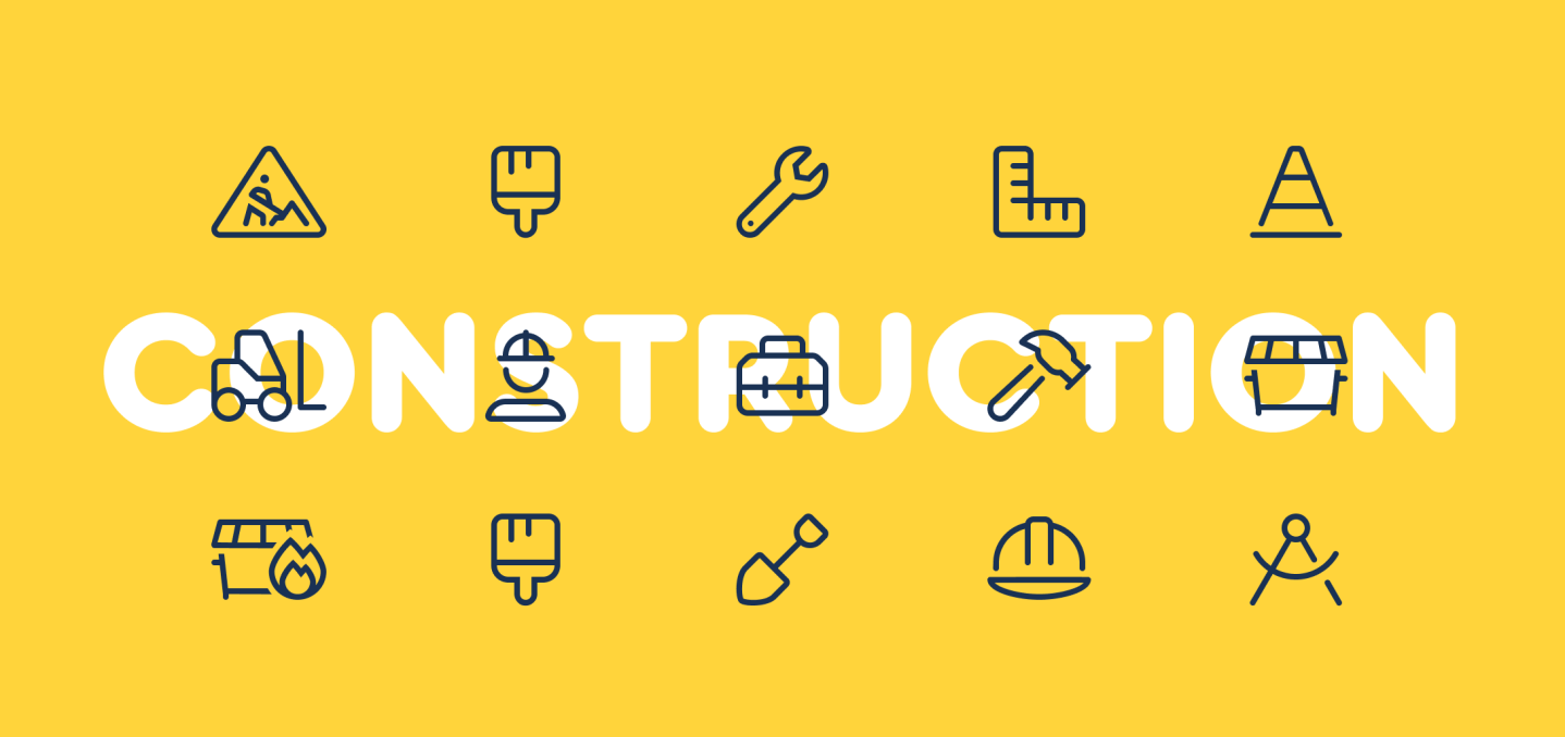 Multiple examples of construction icons like paint brush, wrench, hammer, etc.