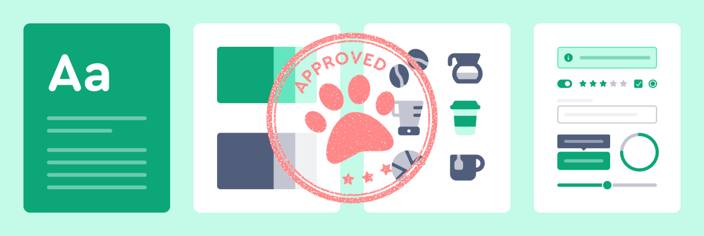 (four-panel UI mockup grid with Approved paw-print stamp overlay): Four design mockup panels stamped Approved: a green text style card with Aa and sample text lines, a color palette and icon panel showing coffee-brand icons overlaid with a red circular Approved stamp featuring a paw print, and a settings/form panel with toggles, star ratings, and a progress ring.