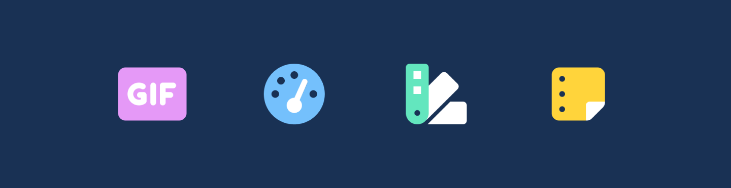 4 duotone icons: GIF, gauge, swatch book, and paper note on a navy blue background. 