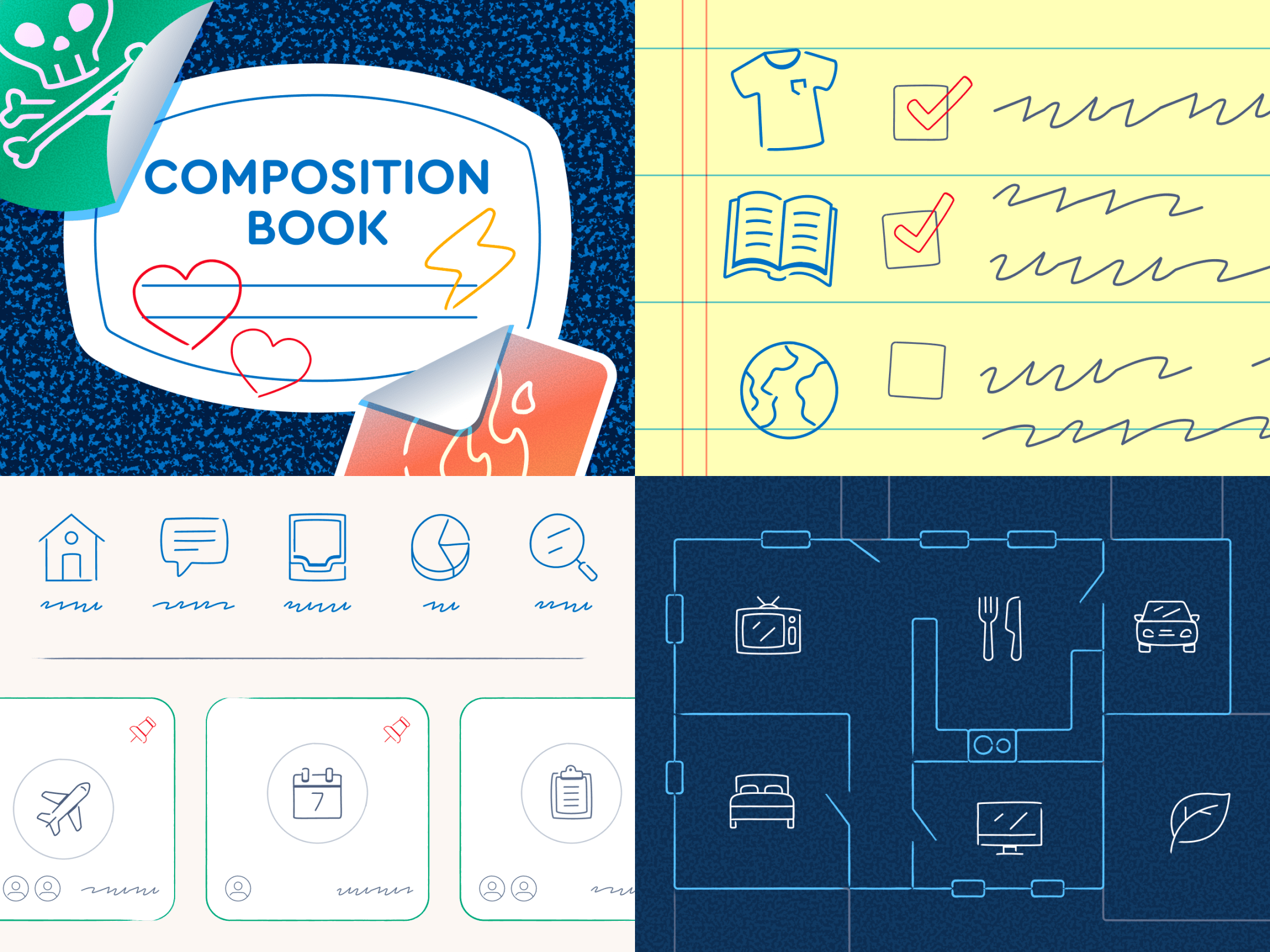 Examples showing off Graphite icons: a composition book cover, a doodled legal pad, a task tracker, and home blueprint