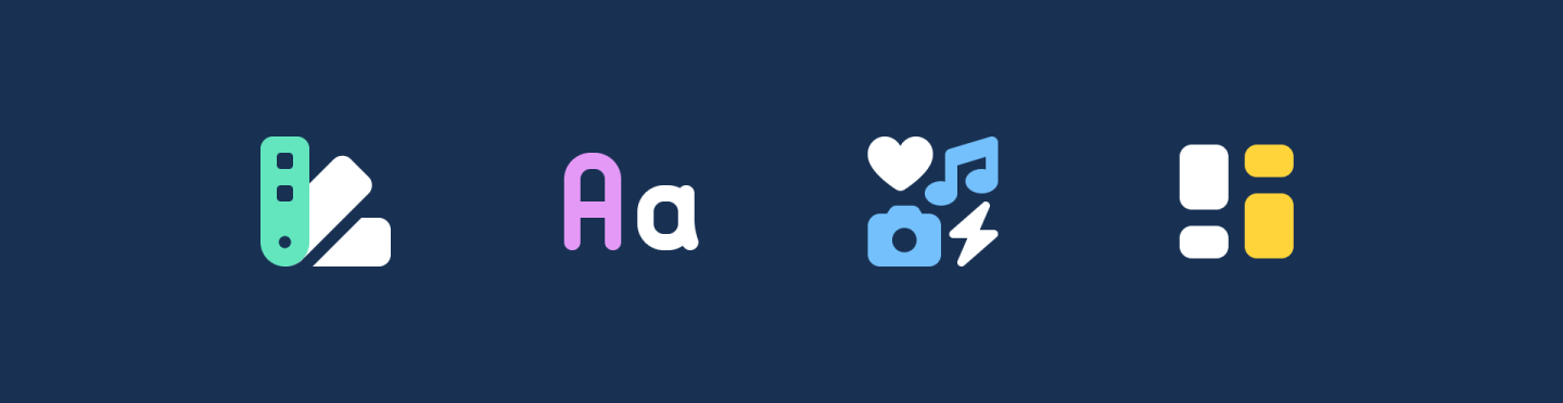 four icons on navy background): Four colorful app icons on a navy background: a mint-green color swatch with a diagonal design tool icon, a purple-and-white Aa typography icon, a heart-music-camera-lightning bolt icon in blue, and a two-column layout icon in white and yellow.