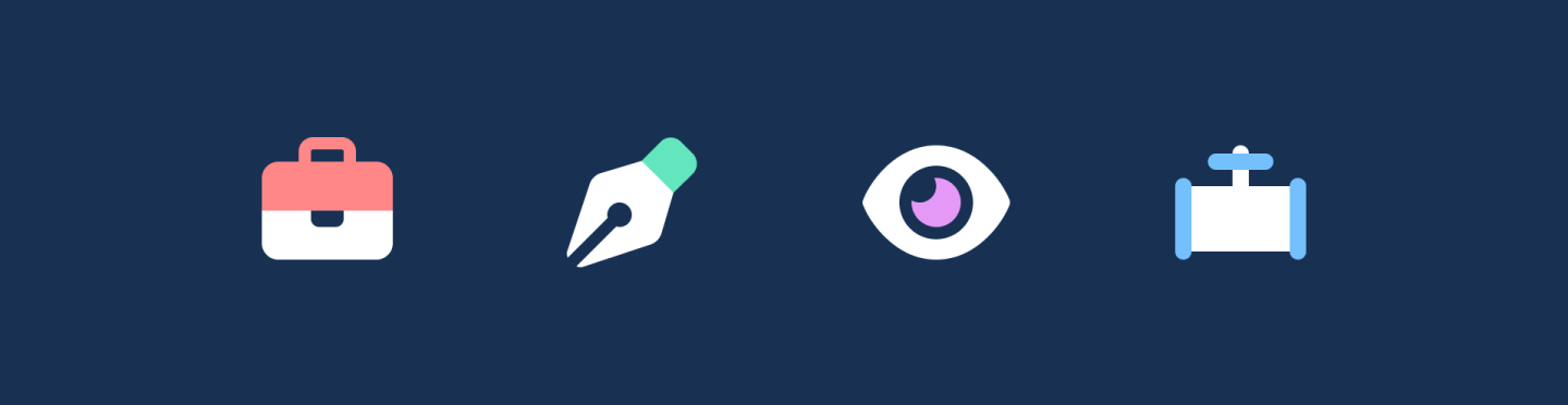 4 Font Awesome icons on a navy background: briefcase, pen nib, eye, pipe with valve